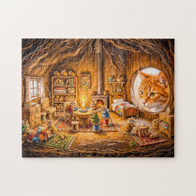 Cat Looking Into Cozy Mouse Home Jigsaw Puzzle (Horizontal)