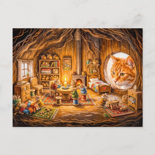 Cat Looking Into Cozy Mouse Home Postcard (Front)
