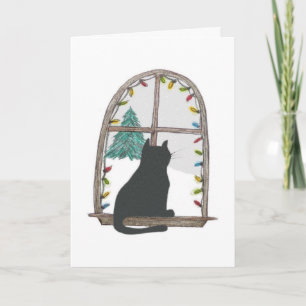 Cat looking out a window holiday card