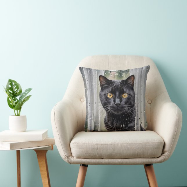 Cat Looking Out of a Wet Window Throw Pillow (Chair)