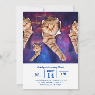 Cat looking up in space side torn hole invitation
