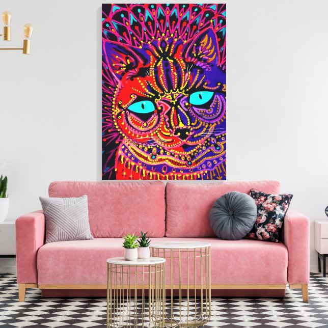 CAT LOUIS WAIN PSYCHEDELIC CAT WRAPPED CANVAS (Insitu(LivingRoom))