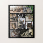 Cat LOVE 9 Photo Collage Name Custom Jigsaw Puzzle<br><div class="desc">Create a photo puzzle of your special cat utilizing this easy-to-upload photo collage template with 9 pictures featuring a modern script typography title LOVE accented with whiskers and a pink heart nose personalized with a name or other text in your choice of text and background colours. OPTIONS: Choose other puzzle...</div>