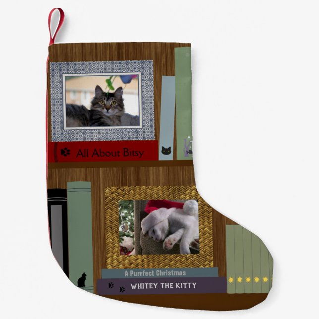 Cat Lover Books On A Shelf Small Christmas Stocking (Front)