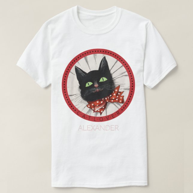 Cat Lover Bow Tie Black Red Green Name Customized T-Shirt (Design Front)