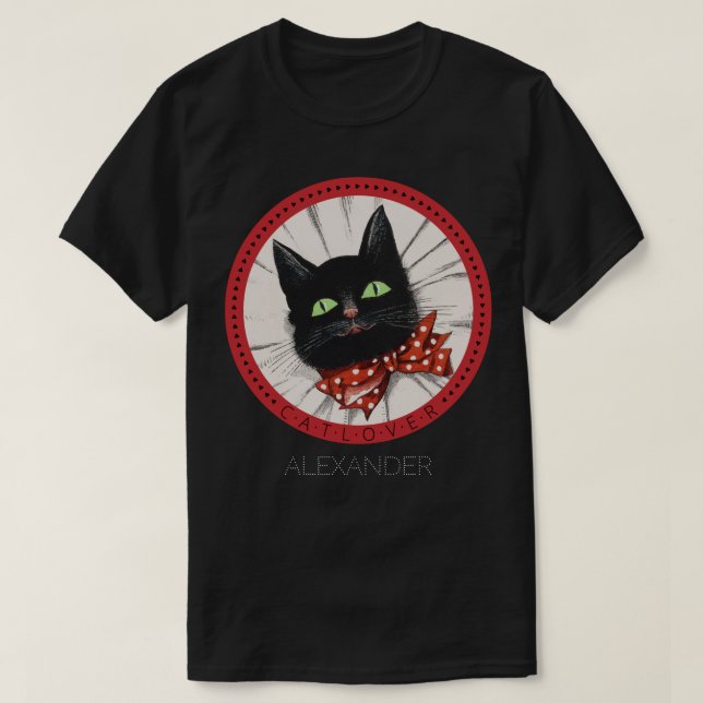 Cat Lover Bow Tie Red Black Green Customized Name T-Shirt (Design Front)