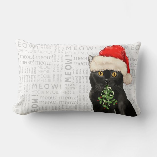 Cat Lover Christmas Black Bombay Santa Kitty Lumbar Pillow (Front)