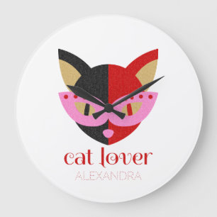 Cat Lover Cute Black Red Pink Name Personalized Large Clock