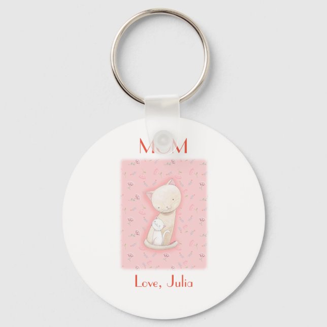 Cat Lover Gift Mama cat and baby Custom Name Keychain (Front)