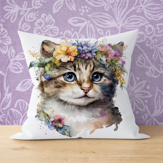 Cat Lover Gift - Watercolor Cat with flowers Throw Pillow (Creator Uploaded)