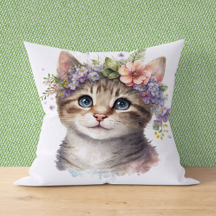 Cat Lover Gift - Watercolor Cat with flowers Throw Pillow