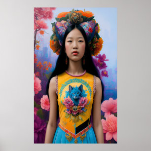 Cat lover girl with flowers poster