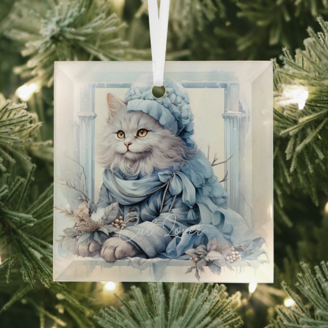 Cat Lover Grey Kitten Blue Victorian Clothes Glass Ornament (Insitu)