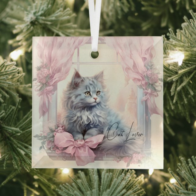 Cat Lover Grey Kitten Pink Bow Glass Ornament (Insitu)