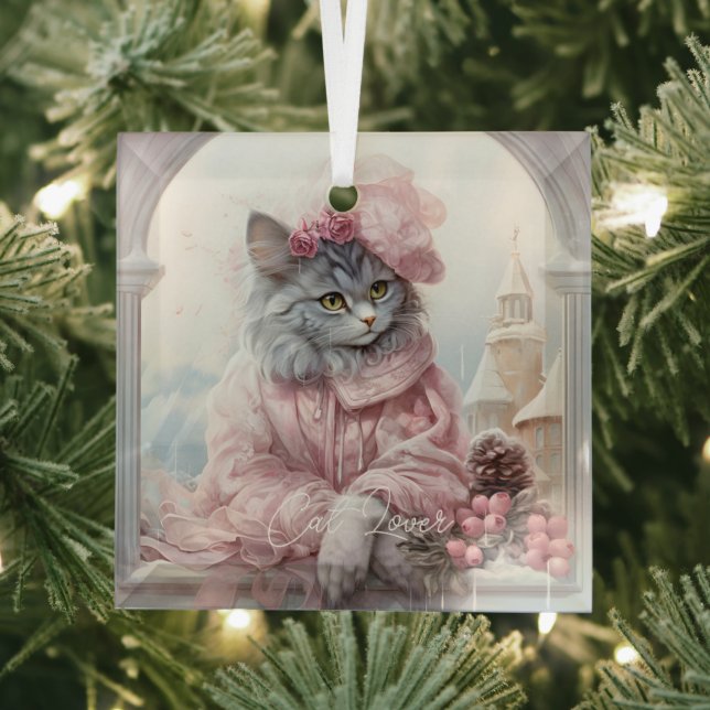 Cat Lover Grey Kitten Pink Frilly Clothes Glass Ornament (Insitu)