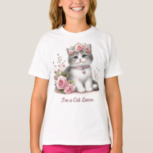 Cat Lover Grey Kitten Pink Roses T-Shirt
