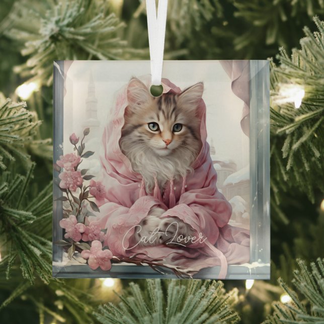 Cat Lover Grey White Kitten Pink Frilly Clothes Glass Ornament (Insitu)