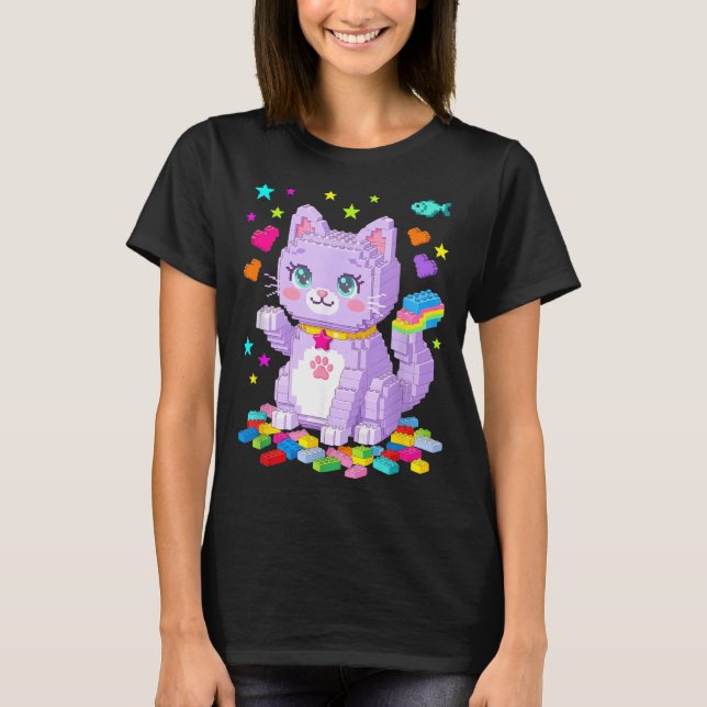 Cat Lover Master Builder Building Bricks Blocks T-Shirt (Front)