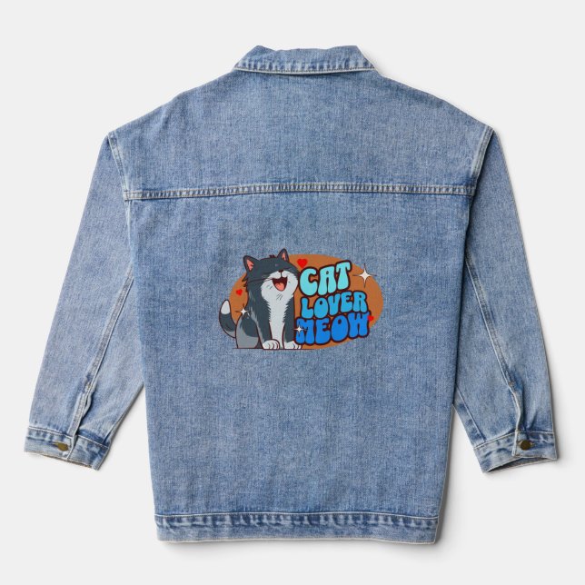 Cat Lover Meow - blue cat Denim Jacket (Back)