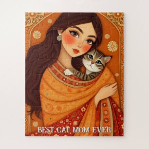 Cat lover Mom Photo  orange Jigsaw Puzzle