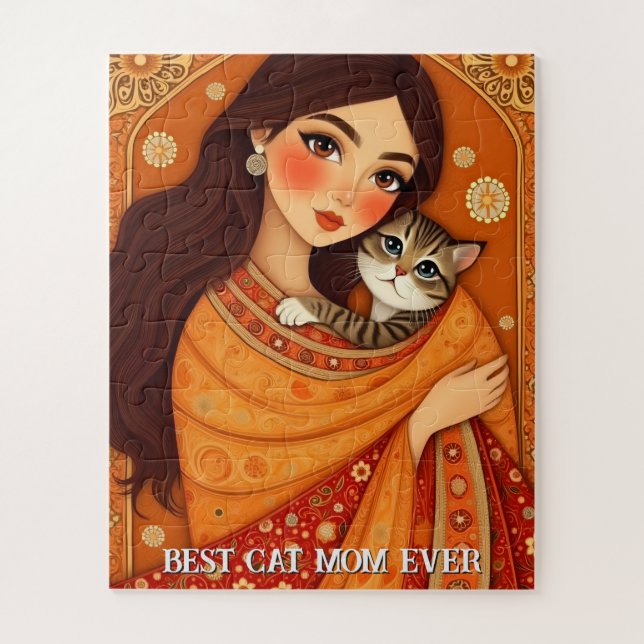 Cat lover Mom Photo  orange Jigsaw Puzzle (Vertical)