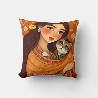 Cat lover Mom Photo  orange Throw Pillow