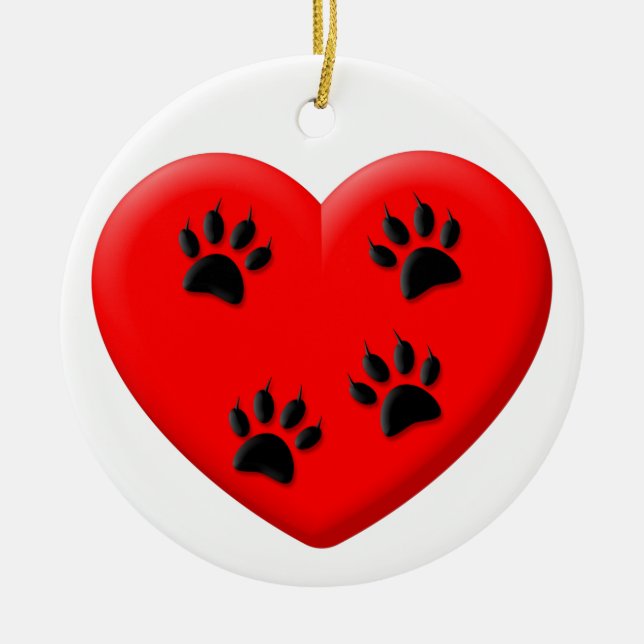 Cat Lover Red Heart And Paws Classic Ceramic Ornament (Front)