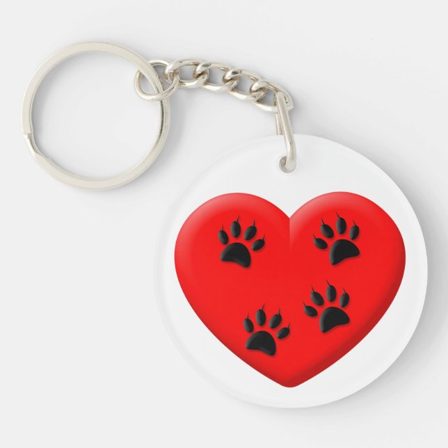 Cat Lover Red Heart And Paws  Keychain (Front)