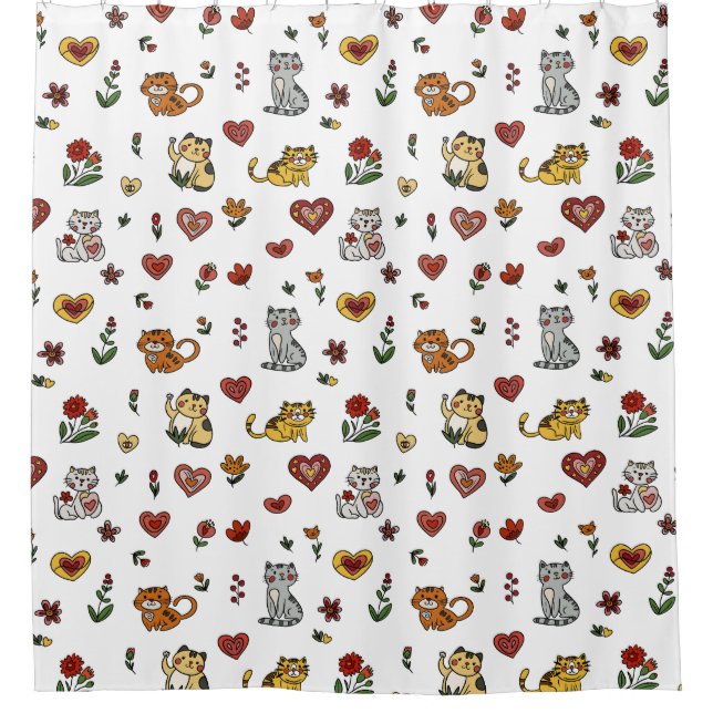 Cat Lover’s Shower Curtain: Kittens and Hearts (Front)