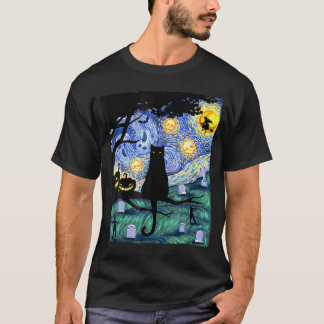 Cat Lover Scary Night Cat Ee Van Gogh Cat Hallowee T-Shirt