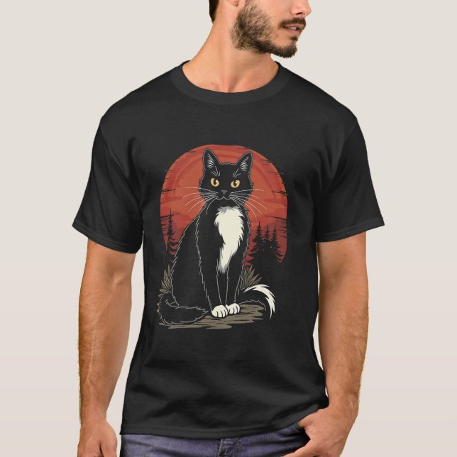 Cat Lover Sunset Forest Graphic Design T-Shirt (Front)