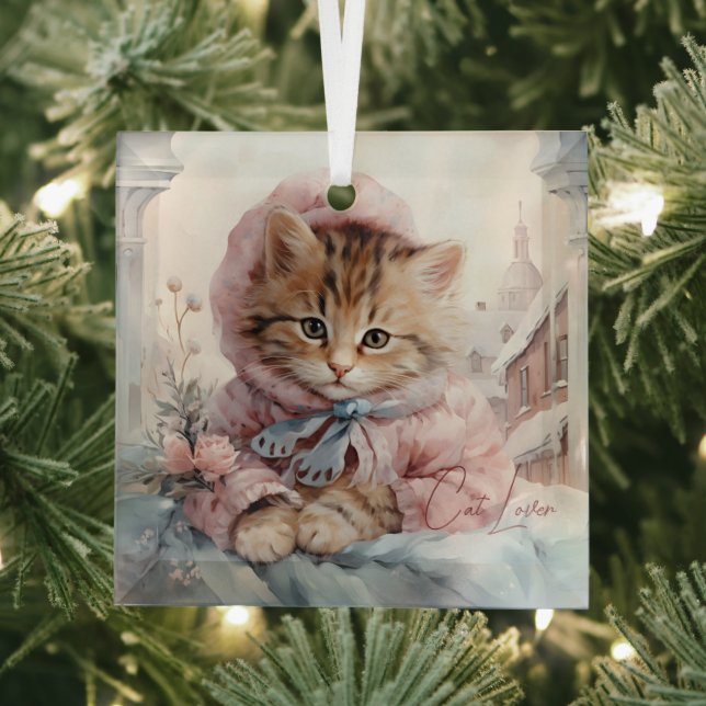 Cat Lover Tabby Cat Dressed In Pink and Blue Glass Ornament (Insitu)