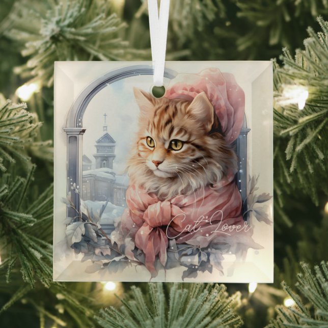 Cat Lover Tabby Kitten Pink Frilly Clothing Glass Ornament (Insitu)