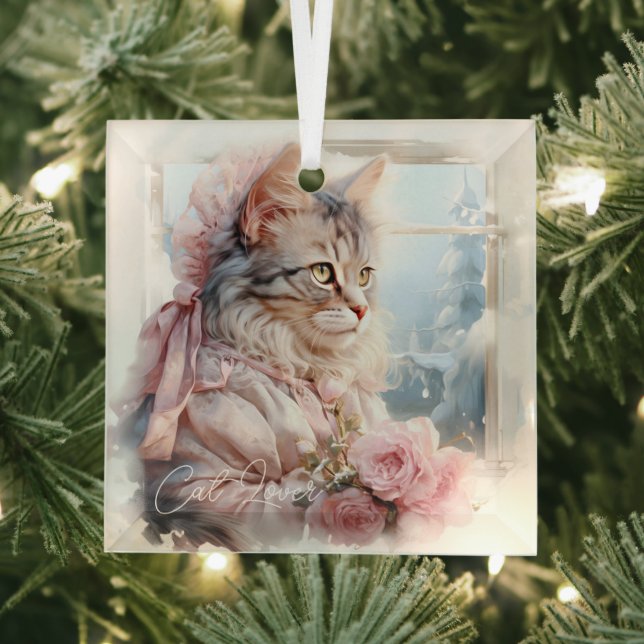 Cat Lover Tabby Kitten Pink Victorian Clothes Glass Ornament (Insitu)