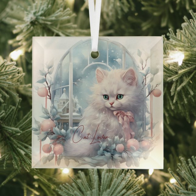 Cat Lover White Kitten Pink Bow and Balls Glass Ornament (Insitu)
