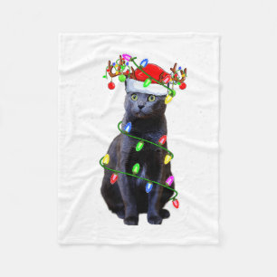 Cat Lover Xmas Lighting Santa Russian Blue Cat Chr Fleece Blanket