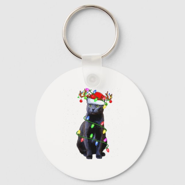 Cat Lover Xmas Lighting Santa Russian Blue Cat Chr Keychain (Front)