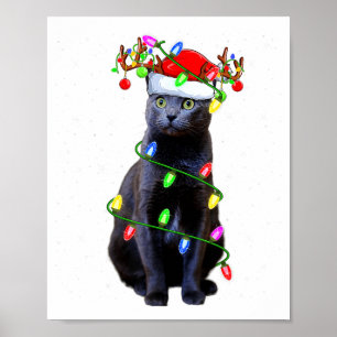 Cat Lover Xmas Lighting Santa Russian Blue Cat Chr Poster