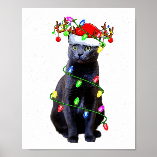 Cat Lover Xmas Lighting Santa Russian Blue Cat Chr Poster (Front)