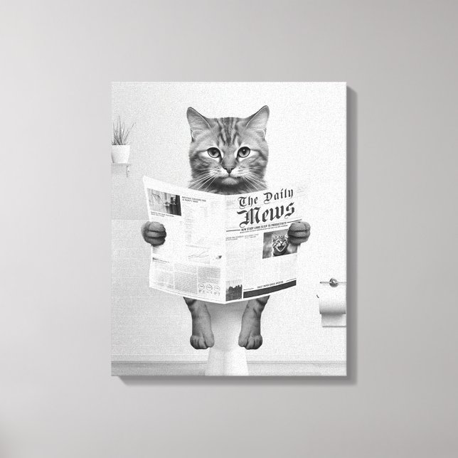 Cat Lovers Bathroom Wall Art, Black and White Cat Canvas Print (Front)