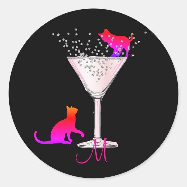Cat Lovers Bubbles Modern Black Cocktail Monogram Classic Round Sticker (Front)