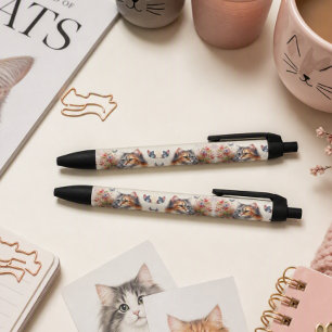 Cat Lovers Calico Cat Floral Writing Black Ink Pen