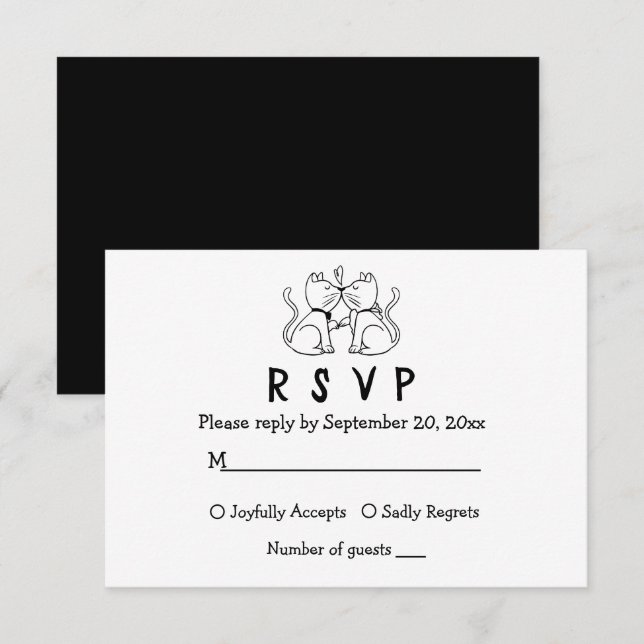 Cat Lovers Cartoon Kitty White Black Wedding RSVP (Front/Back)