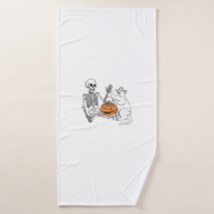 Cat Lovers Halloween Funny Skeleton and Cat Lazy C Bath Towel