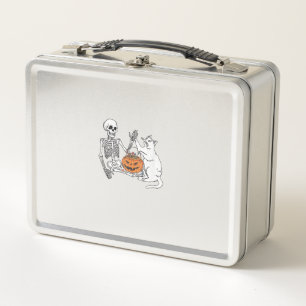 Cat Lovers Halloween Funny Skeleton and Cat Lazy C Metal Lunch Box