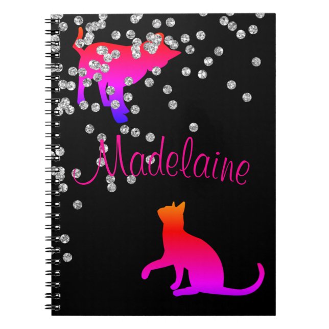Cat Lovers Modern Black Pink Spots Personal Notebook (Front)