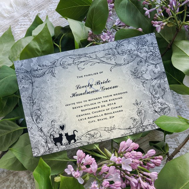 Cat Lovers Ornate Blue Vintage Wedding Invitation (Creator Uploaded)