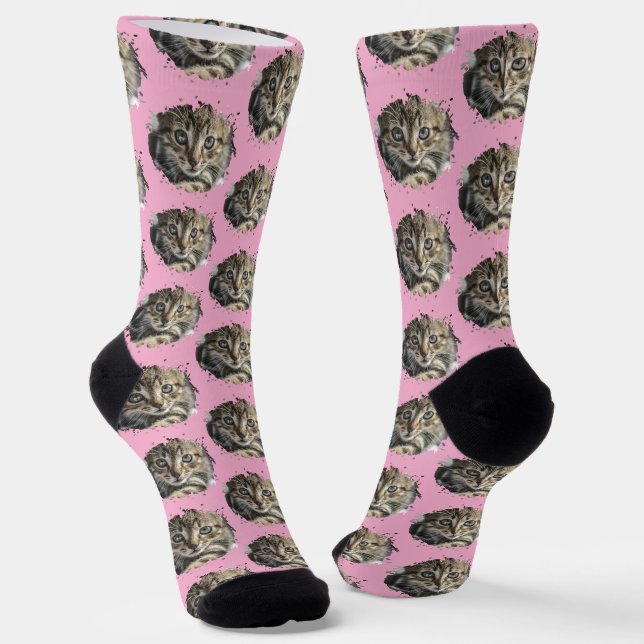 Cat Lovers Personalized Photo Pattern Pink Socks (Angled)