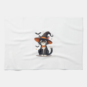 Cat Lovers Witches Hat on Tuxedo Cat Halloween Men Kitchen Towel
