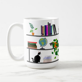 Cat Lying on a Bookshelf, Cat Book And Plant Gift Coffee Mug